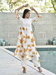 White and Yellow Floral Printed Vasansi Silk Co-ord Set