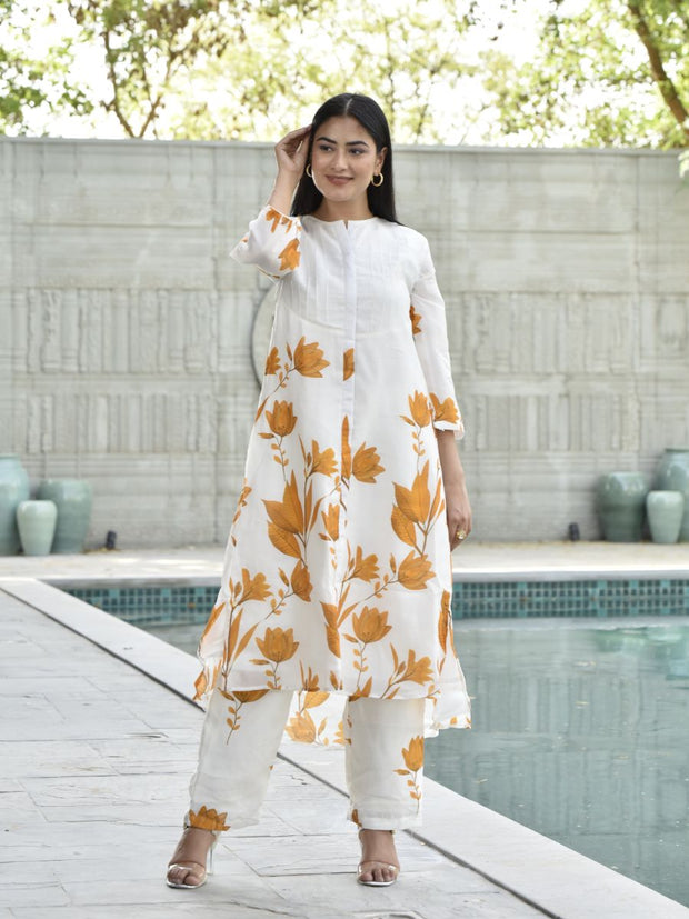 White and Yellow Floral Printed Vasansi Silk Co-ord Set