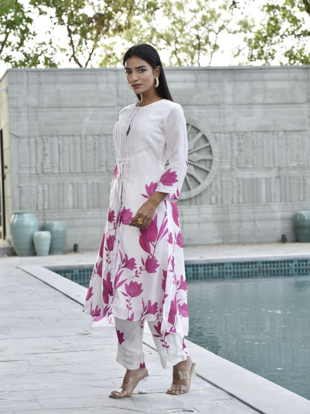 White and Pink Floral Printed Vasansi Silk Co-ord Set