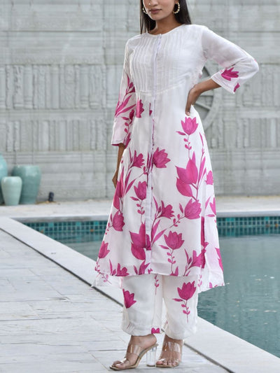 White and Pink Floral Printed Vasansi Silk Co-ord Set