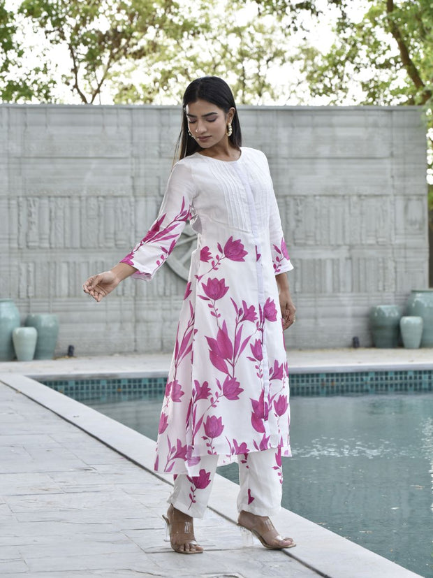 White and Pink Floral Printed Vasansi Silk Co-ord Set