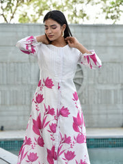 White and Pink Floral Printed Vasansi Silk Co-ord Set