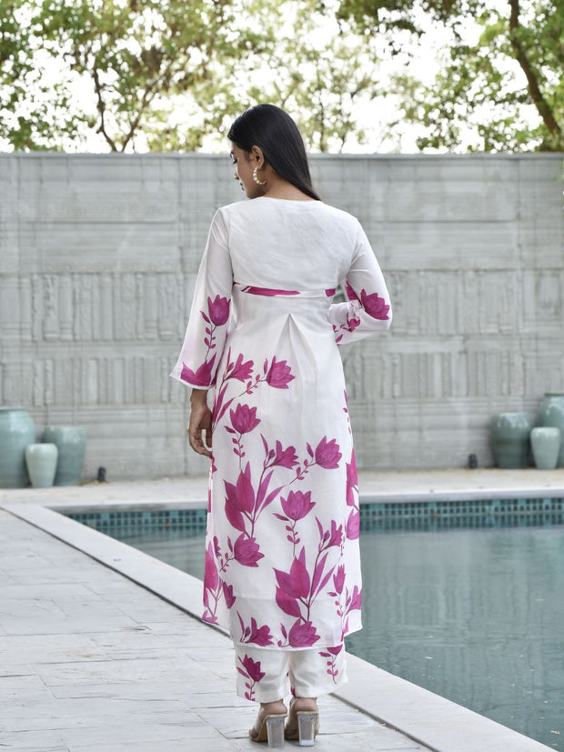 White and Pink Floral Printed Vasansi Silk Co-ord Set