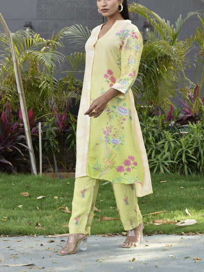 Lime Green and Cream Vasansi Silk Printed Co-ord Set