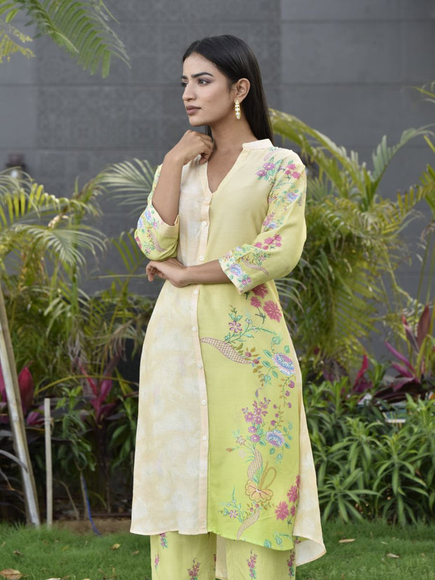 Lime Green and Cream Vasansi Silk Printed Co-ord Set