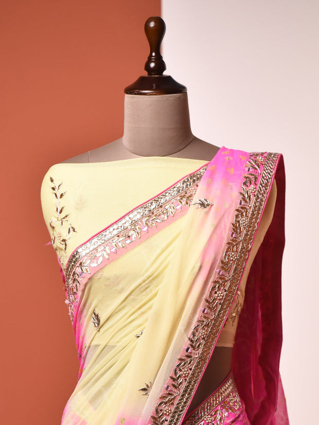 Pink And Yellow Georgette Saree