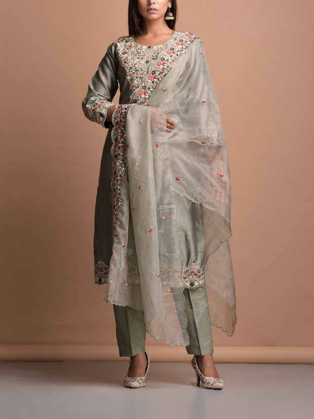 Grey Chanderi Suit Set