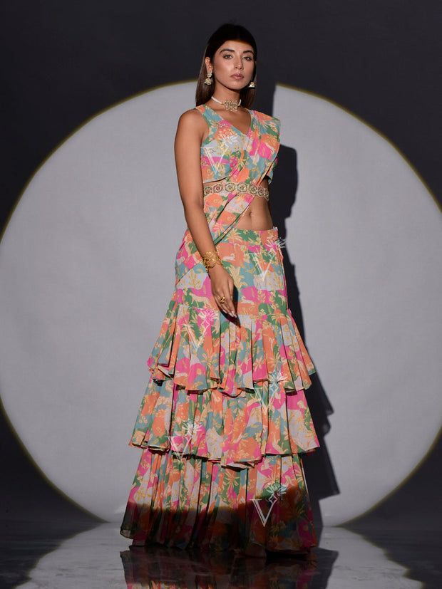 Multi Color Crop Top and Ruffled Drape Tiered Skirt Set