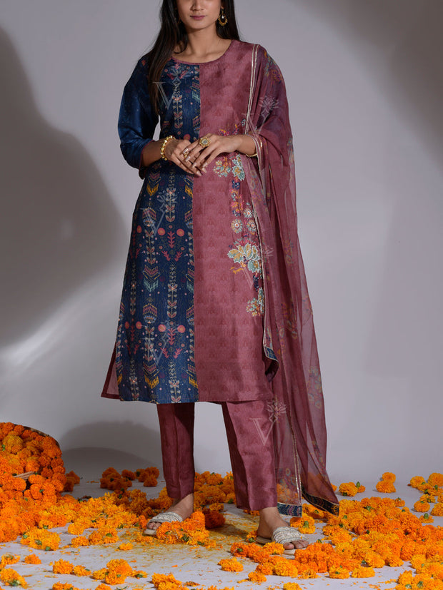 Blue and Plum Vasansi Silk Suit Set