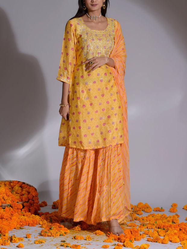 Lemon Yellow Vasansi Silk Kurta and Sharara Suit Set