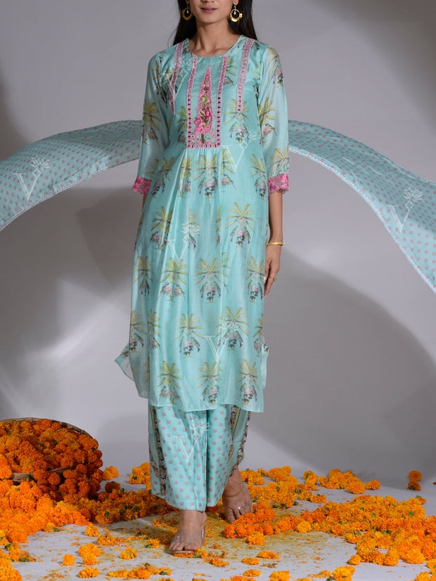 Sea Green Printed Kurta and Pant Set