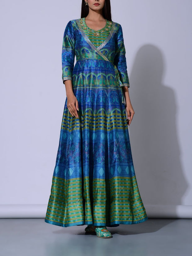 Green And Blue Vasansi Silk  Anarkali Gown