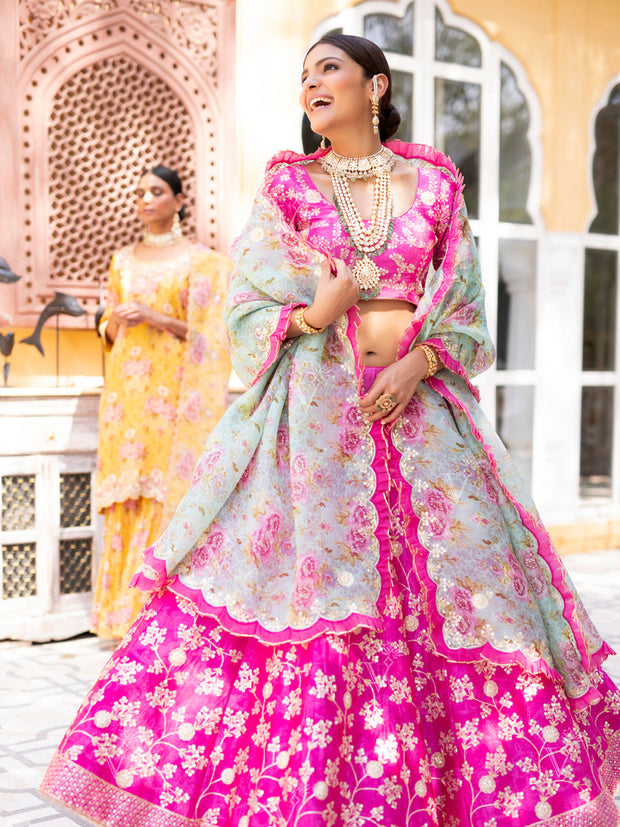 Pink Aari Gota Lehenga With Floral Dupatta