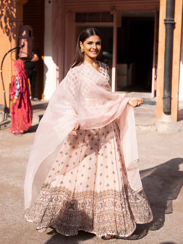 Light Peach Georgette Printed Anarkali Gown