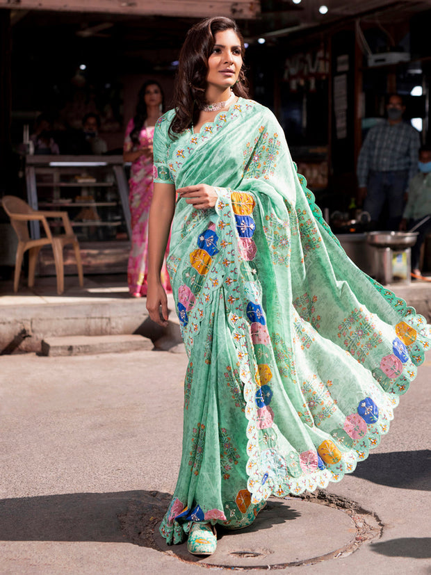 Sea Green Printed Saree