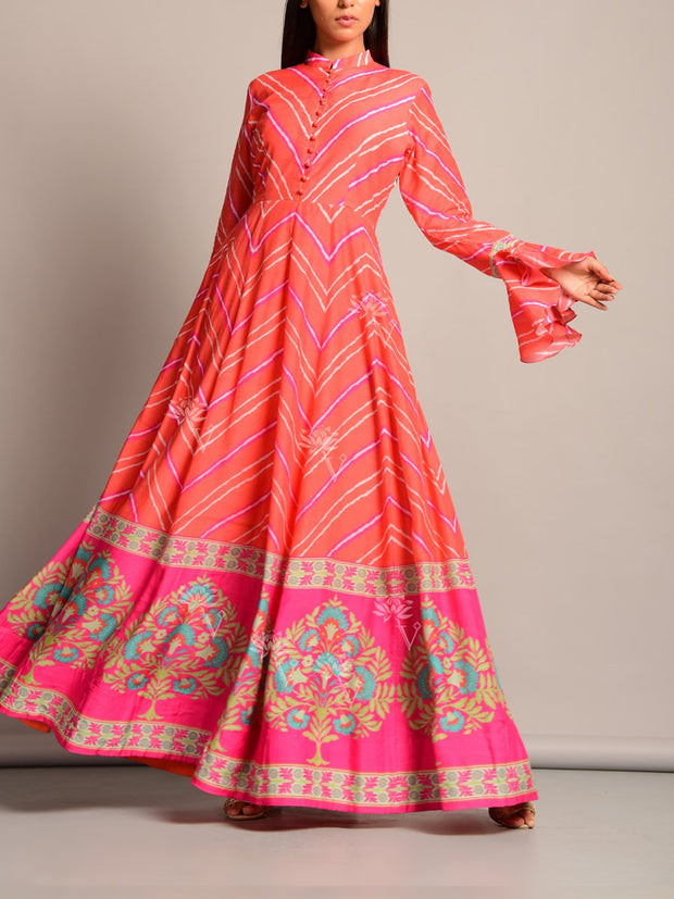 Anarkali, Anarkalis, Leheriya, Printed, Suit, Traditional, Monsoon, Floor Length, Silk