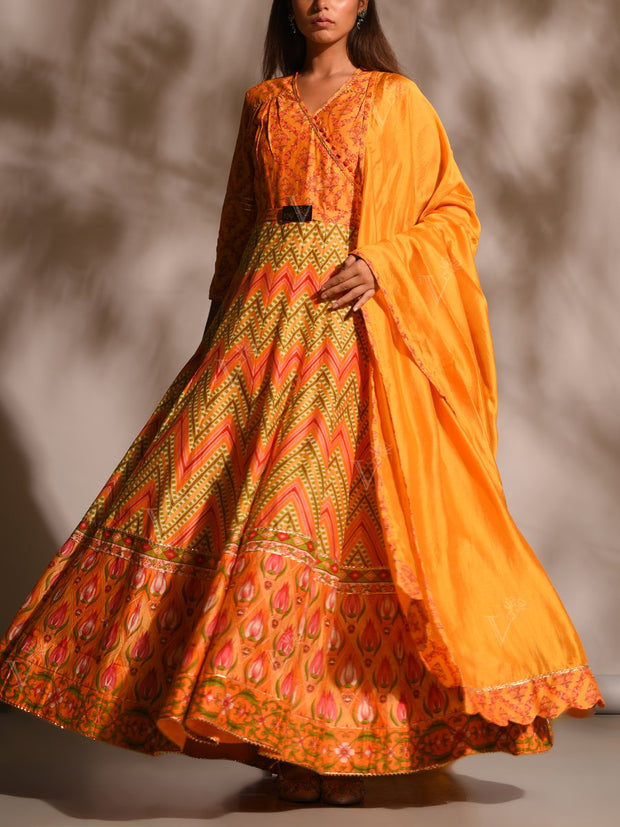 Orange Leheriya Anarkali Tunic