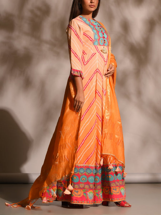 Orange Leheriya Printed Anarkali Tunic