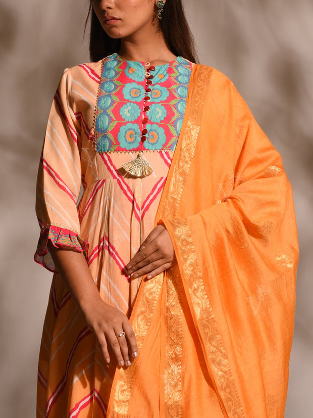 Orange Leheriya Printed Anarkali Tunic