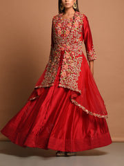 Red Chanderi Jacket Gown Set