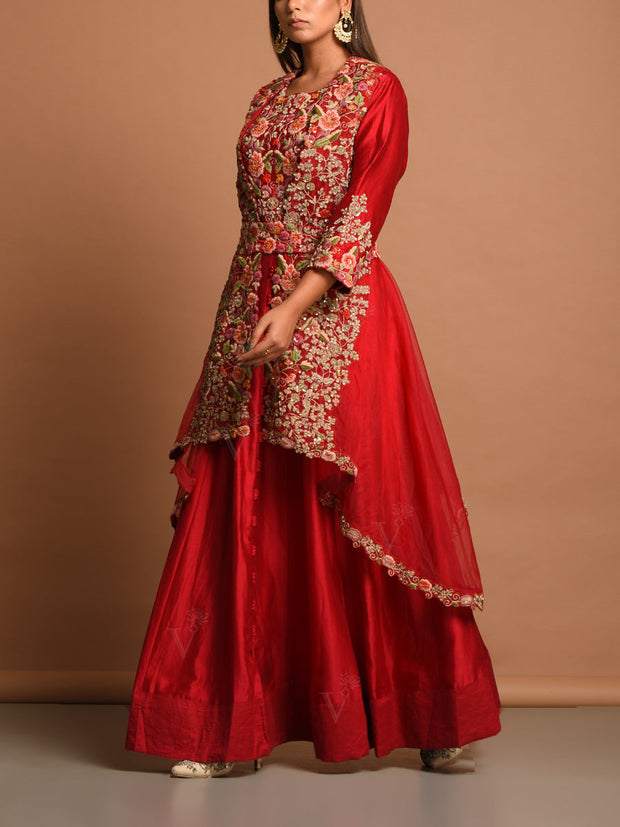 Red Chanderi Jacket Gown Set