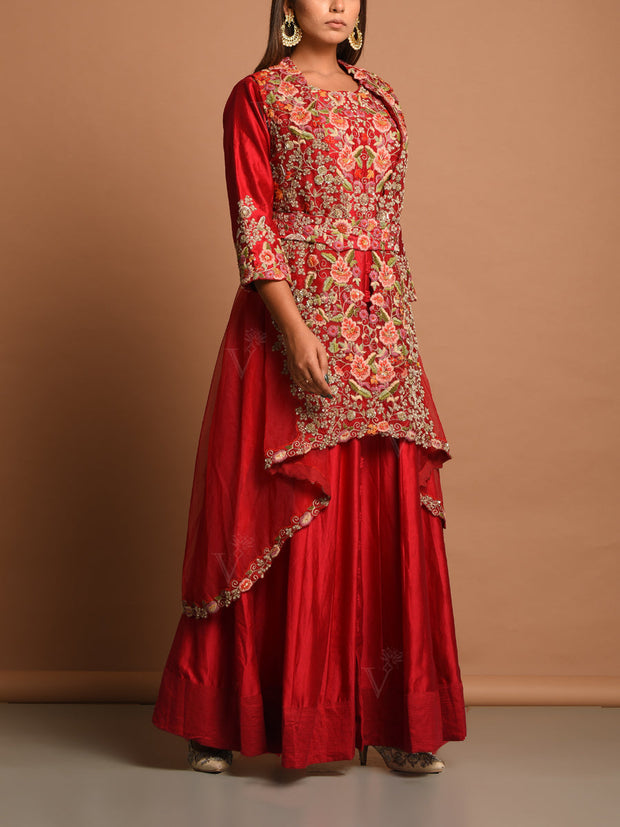 Red Chanderi Jacket Gown Set