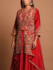 Red Chanderi Jacket Gown Set