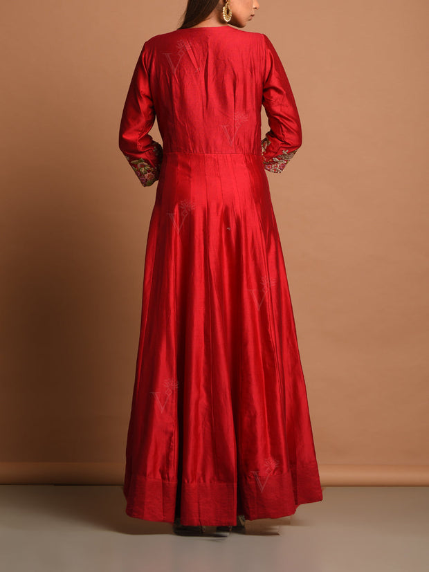 Red Chanderi Jacket Gown Set