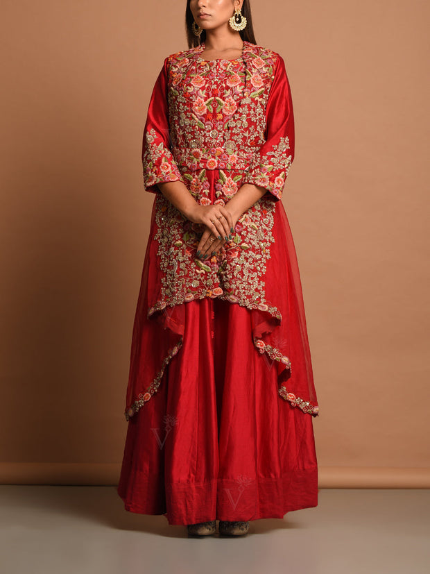 Red Chanderi Jacket Gown Set