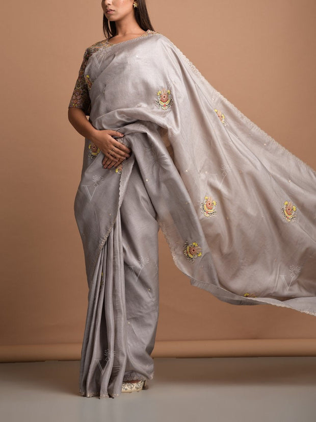 Grey Tussar Silk Saree