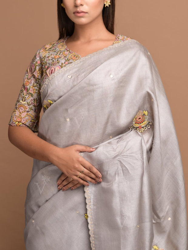 Grey Tussar Silk Saree