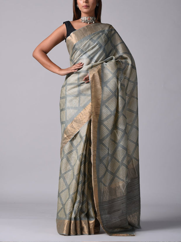 Grey Tussar Silk Saree