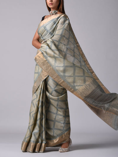 Grey Tussar Silk Saree