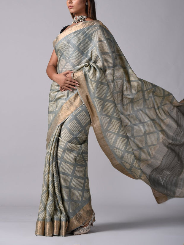 Grey Tussar Silk Saree