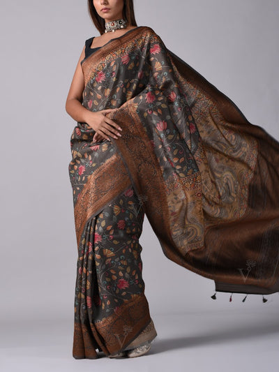 Grey Tussar Silk Saree