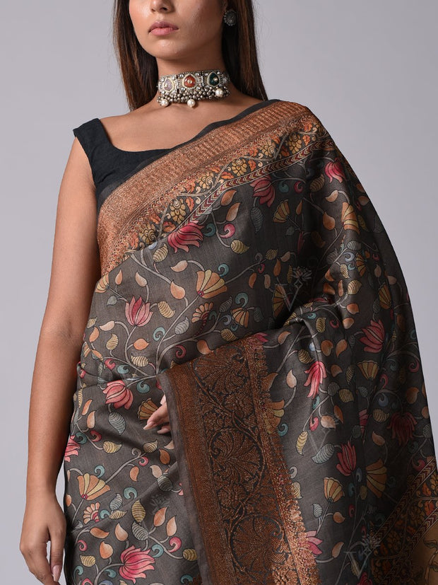 Grey Tussar Silk Saree