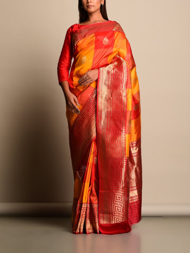 Orange And Red Banarasi Silk Saree