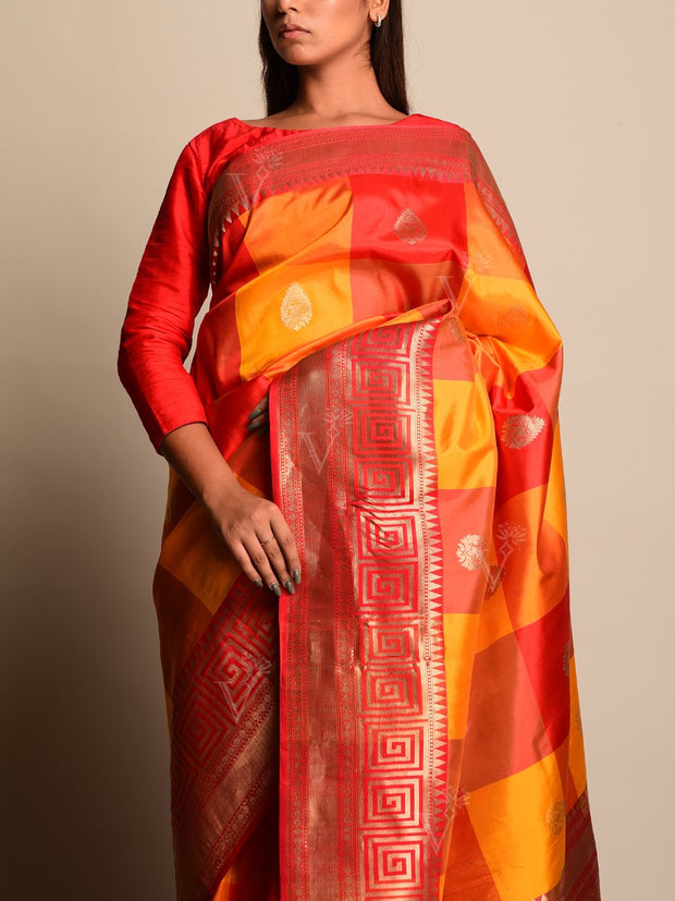 Orange And Red Banarasi Silk Saree