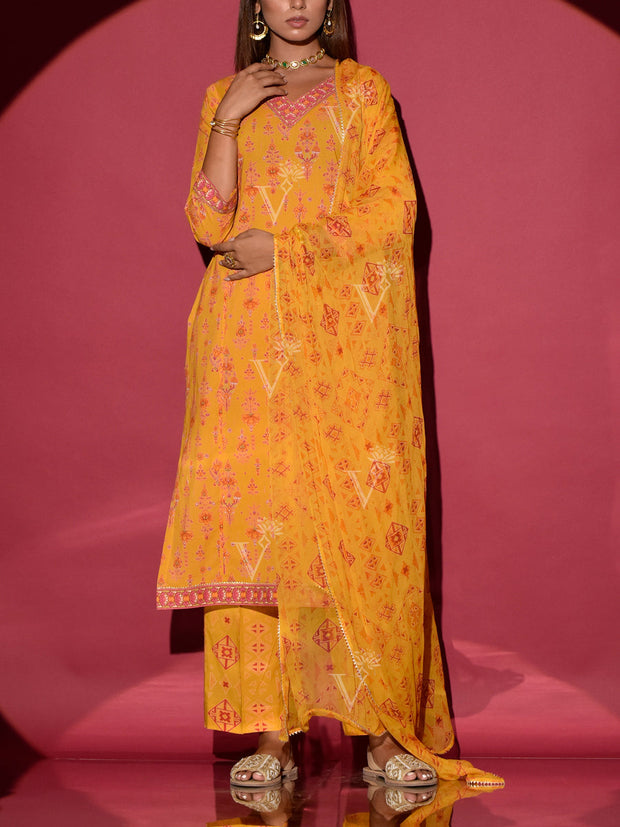 Yellow Cotton Printed Suit Set