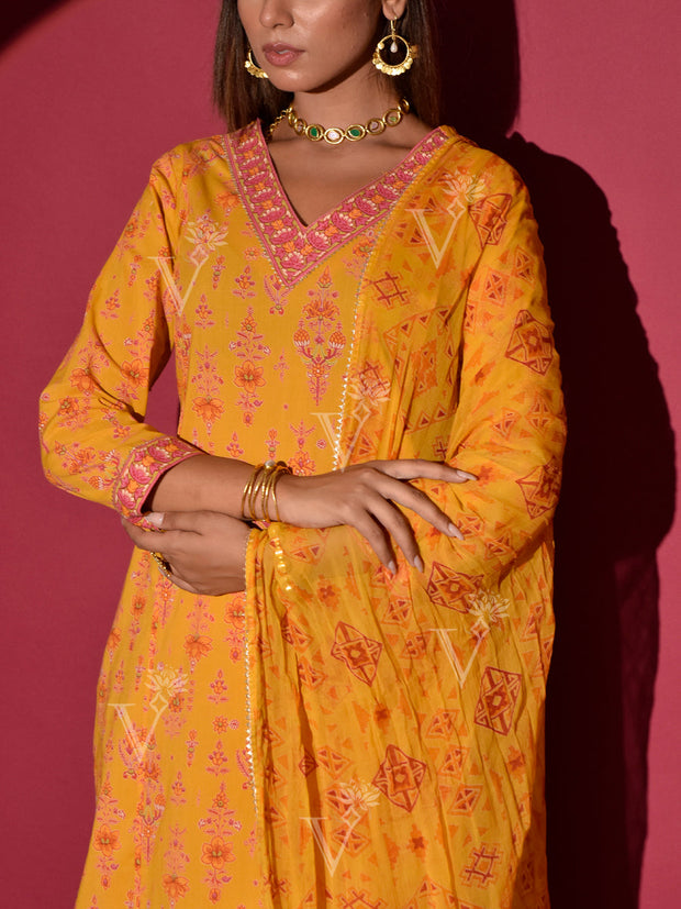 Yellow Cotton Printed Suit Set