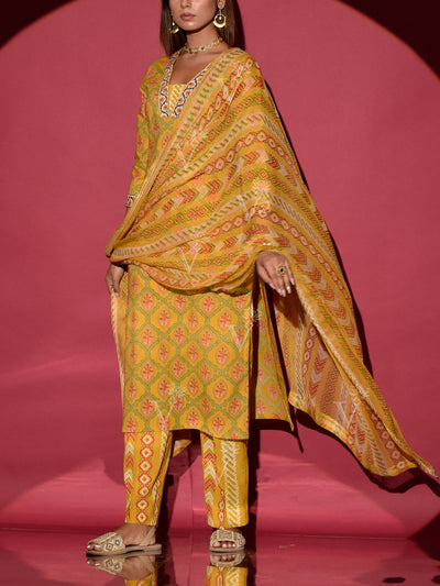 Yellow Cotton Printed Suit Set