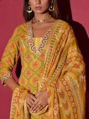 Yellow Cotton Printed Suit Set