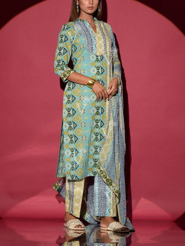 Light Blue Cotton Printed Suit Set