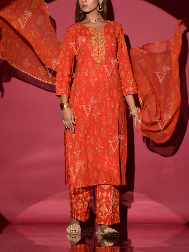 Red Cotton Printed Suit Set