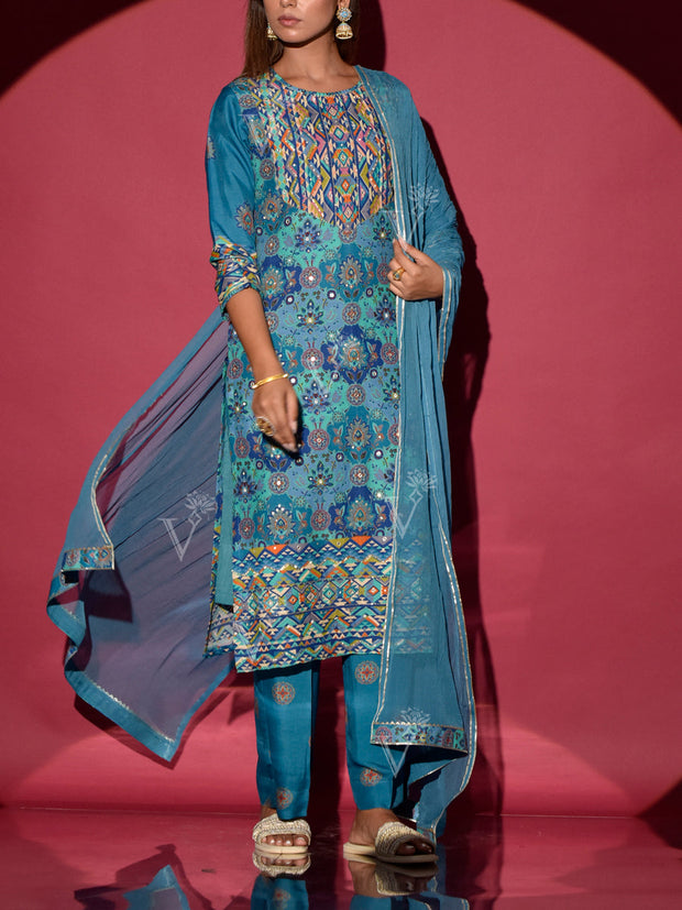 Aegean Blue Vasansi Silk Printed Suit Set