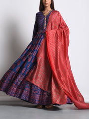 Navy Blue Chanderi Silk Anarkali Gown With Contrast Dupatta