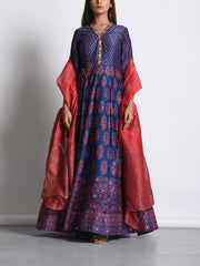 Navy Blue Chanderi Silk Anarkali Gown With Contrast Dupatta