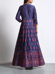 Navy Blue Chanderi Silk Anarkali Gown With Contrast Dupatta