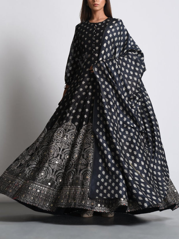 Black Chanderi Silk Anarkali Gown