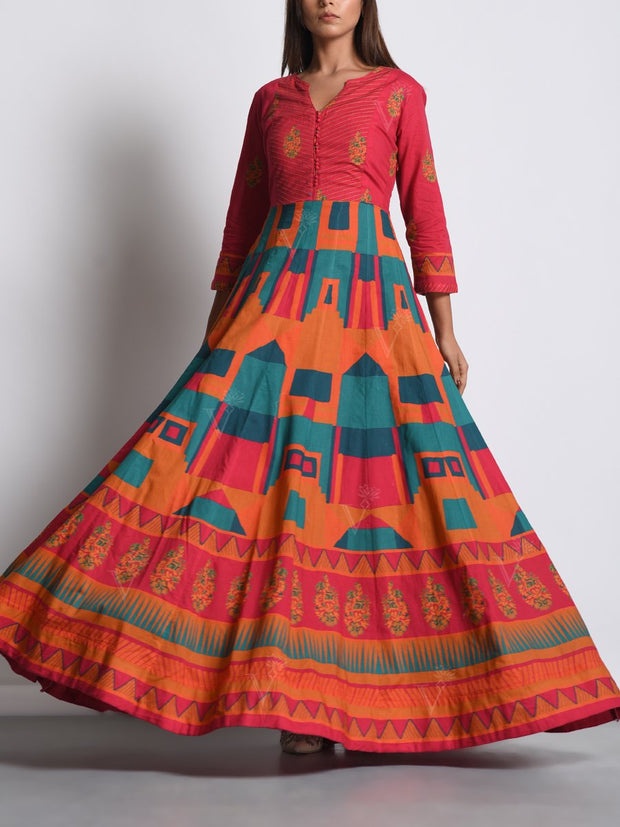 Coral Pink Cotton Anarkali Gown